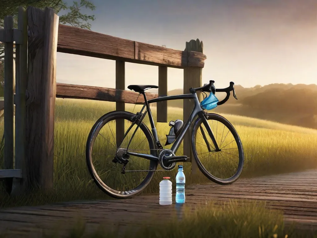 Uma elegante bicicleta de estrada está encostada em uma cerca de madeira, com a névoa da manhã se elevando da tranquila estrada rural à frente. Um capacete, luvas e uma garrafa de água repousam sobre uma pedra próxima, sinalizando a cuidadosa preparação de um ciclista para a corrida do dia. A antecipação da competição paira palpavelmente no ar