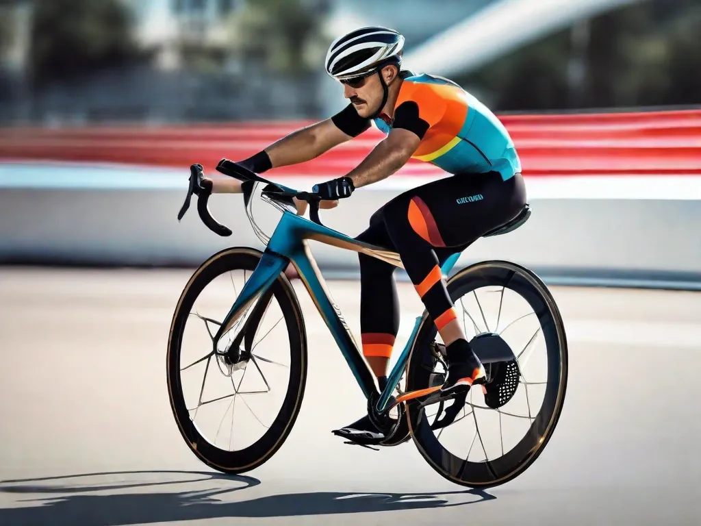 A imagem mostra uma bicicleta de estrada brilhante e moderna, com um design elegante e aerodinâmico. Ela está ao lado de um capacete de ciclismo de alta tecnologia e um par de luvas de ciclismo de alta qualidade. Essa imagem representa as últimas recomendações para a compra de equipamentos essenciais para os ciclistas.