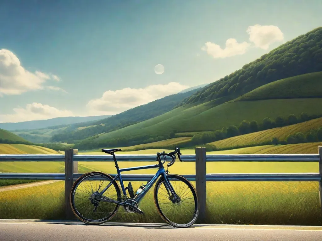 Uma bicicleta está encostada em uma grade de proteção no amplo acostamento pavimentado de uma estrada rural tranquila. A estrada se estende até o horizonte, ladeada por campos e um céu azul limpo acima, transmitindo uma sensação de tranquilidade e solidão ideal para andar de bicicleta.