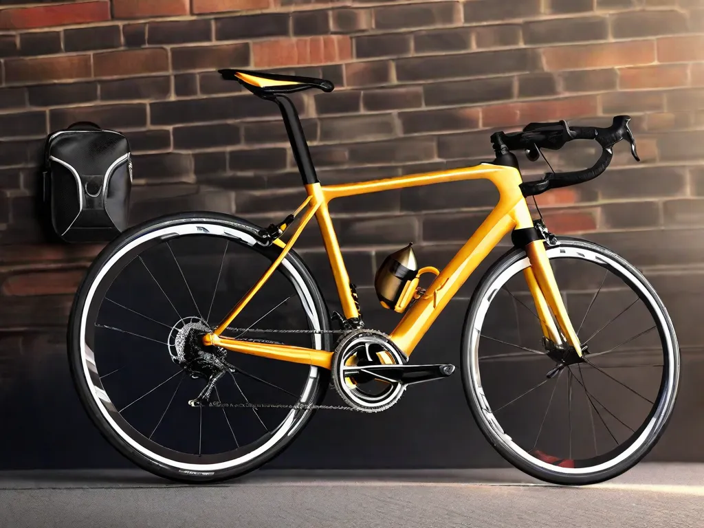 Descrição: Uma imagem em close-up de uma bicicleta de estrada elegante encostada em uma parede de tijolos, com a luz da manhã lançando um brilho dourado em sua estrutura. A bicicleta está adornada com vários acessórios, como suporte para garrafa de água, um computador de bicicleta e uma pequena bolsa de selim, simbolizando o objetivo do