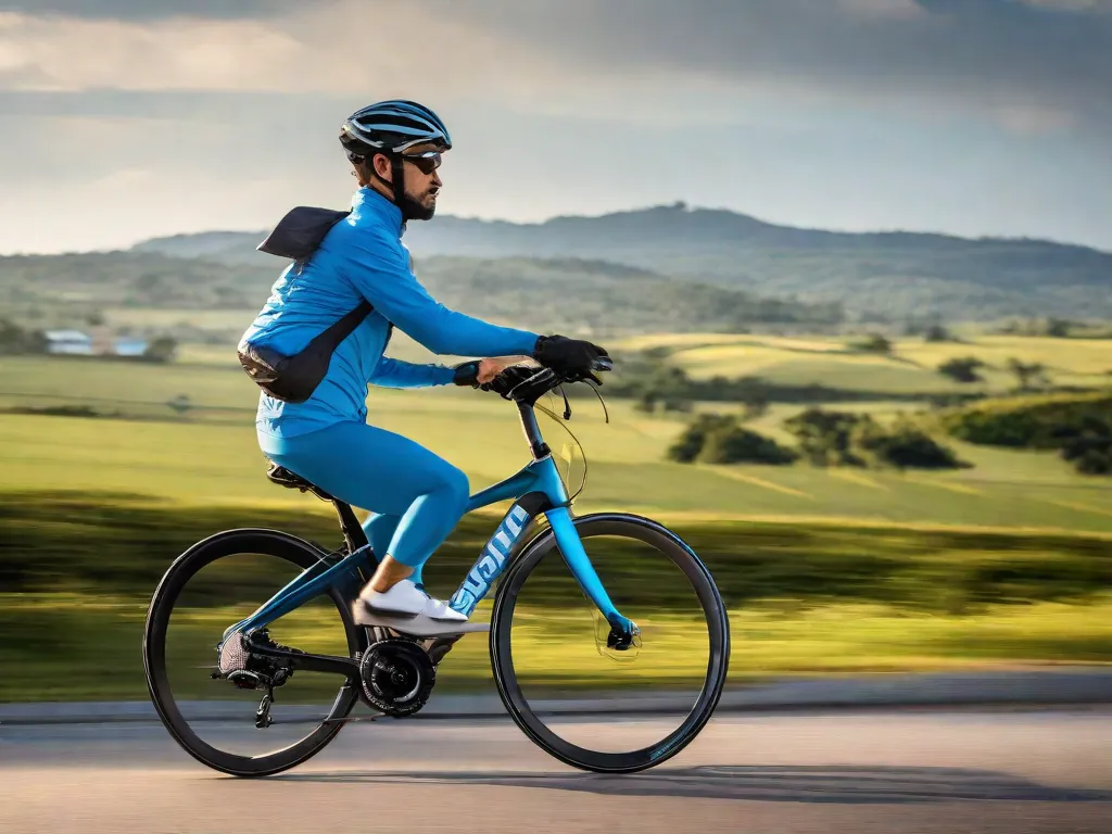 A imagem mostra uma bicicleta de estrada de alto desempenho, com um ciclista usando roupas aerodinâmicas e capacete, pedalando em alta velocidade em uma estrada sinuosa cercada por belas paisagens naturais. O sol brilha intensamente no céu azul, transmitindo uma sensação de liberdade e aventura.