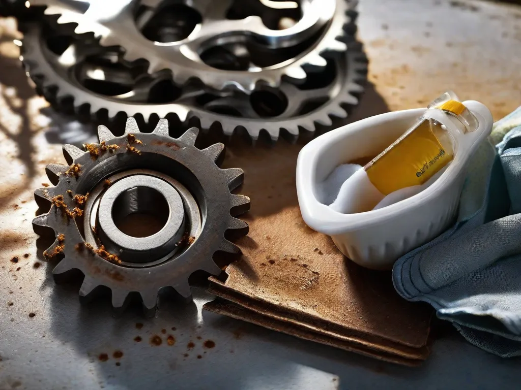 Uma imagem em close de uma corrente de bicicleta e engrenagens com manchas de ferrugem visíveis, ao lado de uma tigela contendo uma mistura de bicarbonato de sódio e vinagre, um esfregão de lã de aço e um par de luvas de proteção prontos para o processo de remoção de ferrugem.