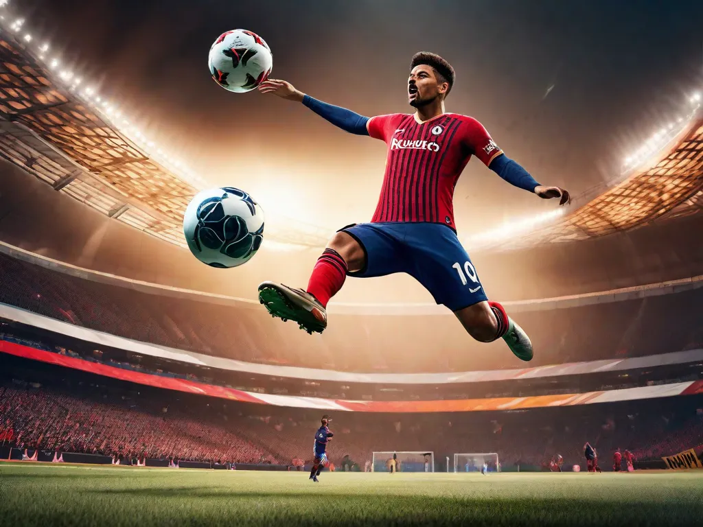 Descrição da imagem:
Um jogador de futebol virtual em um jogo de vídeo FIFA 22, usando uma camisa vibrante, é visto executando um golpe de bicicleta perfeito. O jogador está no ar, com as pernas estendidas, e a bola está posicionada perfeitamente na frente dele. A multidão do estádio está aplaudindo entusiasticamente ao fundo, criando uma atmosfera eletrizante.