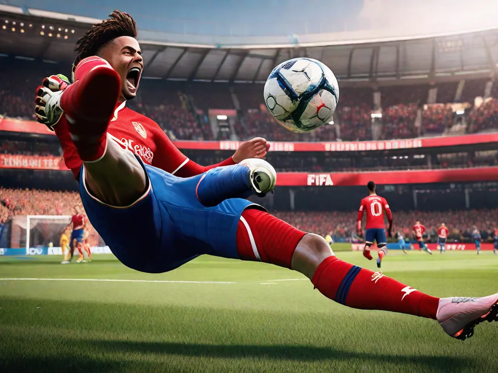 Descrição: Uma imagem dinâmica capturando a emoção de um jogador realizando uma bicicleta no FIFA 22. O jogador está no ar, pernas estendidas, conectando perfeitamente com a bola, enquanto o goleiro e outros jogadores ao fundo assistem maravilhados. O estádio está cheio de torcedores vibrantes, criando uma atmosfera vibrante.