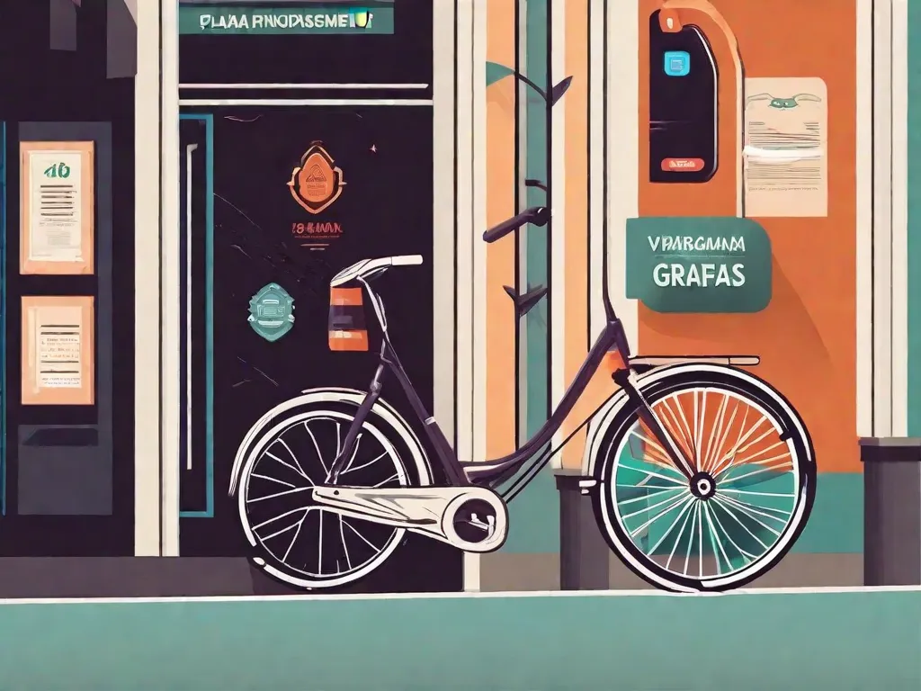 A imagem mostra uma bicicleta brilhante e moderna em destaque, cercada por várias opções de financiamento. Há ícones de dinheiro, um gráfico de barras representando diferentes planos de pagamento e um carrinho de compras simbolizando a facilidade de adquirir uma bicicleta através dessas opções financeiras.