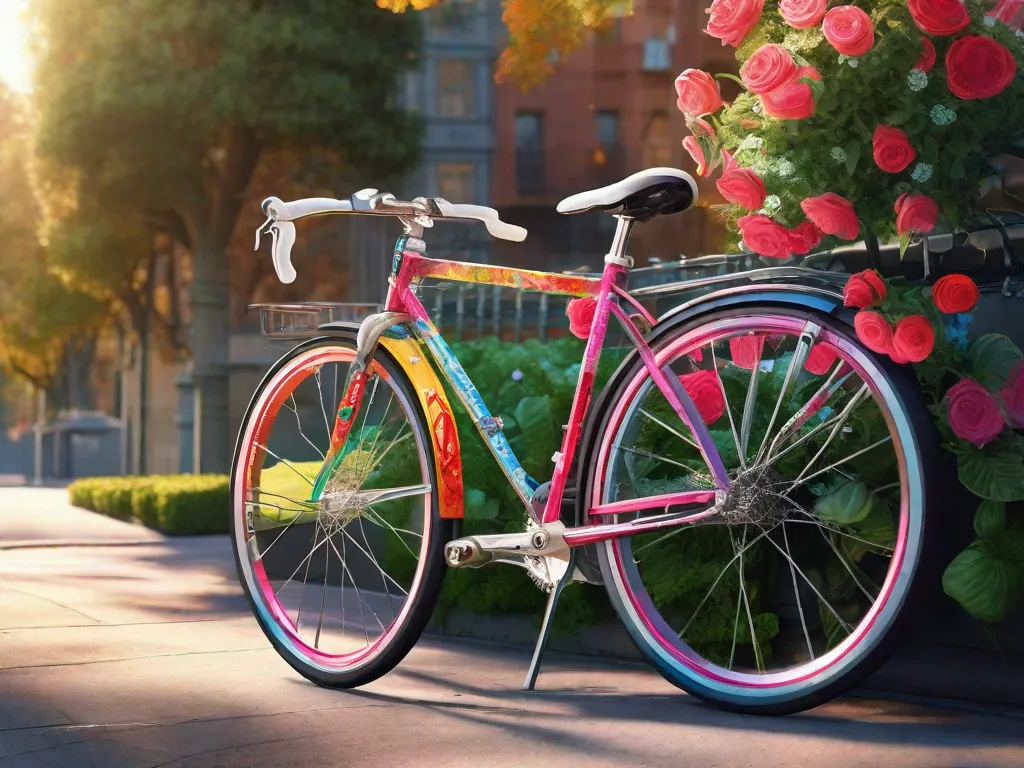 Uma bicicleta brilhante e elegante repousa contra um banco de parque urbano, suas rodas adornadas com vibrantes adesivos de flores. A luz do sol reflete no quadro polido, sugerindo um passeio fresco e energético através da paisagem urbana movimentada, simbolizando renovação a cada revolução do pedal.
