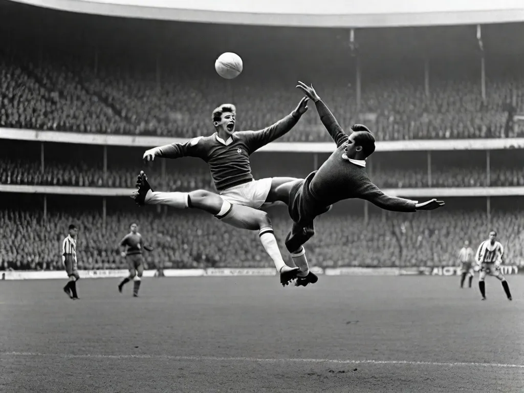 Uma imagem em preto e branco de um jogador de futebol no ar, suspenso em um movimento perfeito de bicicleta. A perna esticada do jogador está prestes a fazer contato com a bola, enquanto a multidão ao fundo observa maravilhada. A imagem captura a habilidade e a destreza necessárias para executar uma bicicleta, mostrando as origens deste gol icônico na