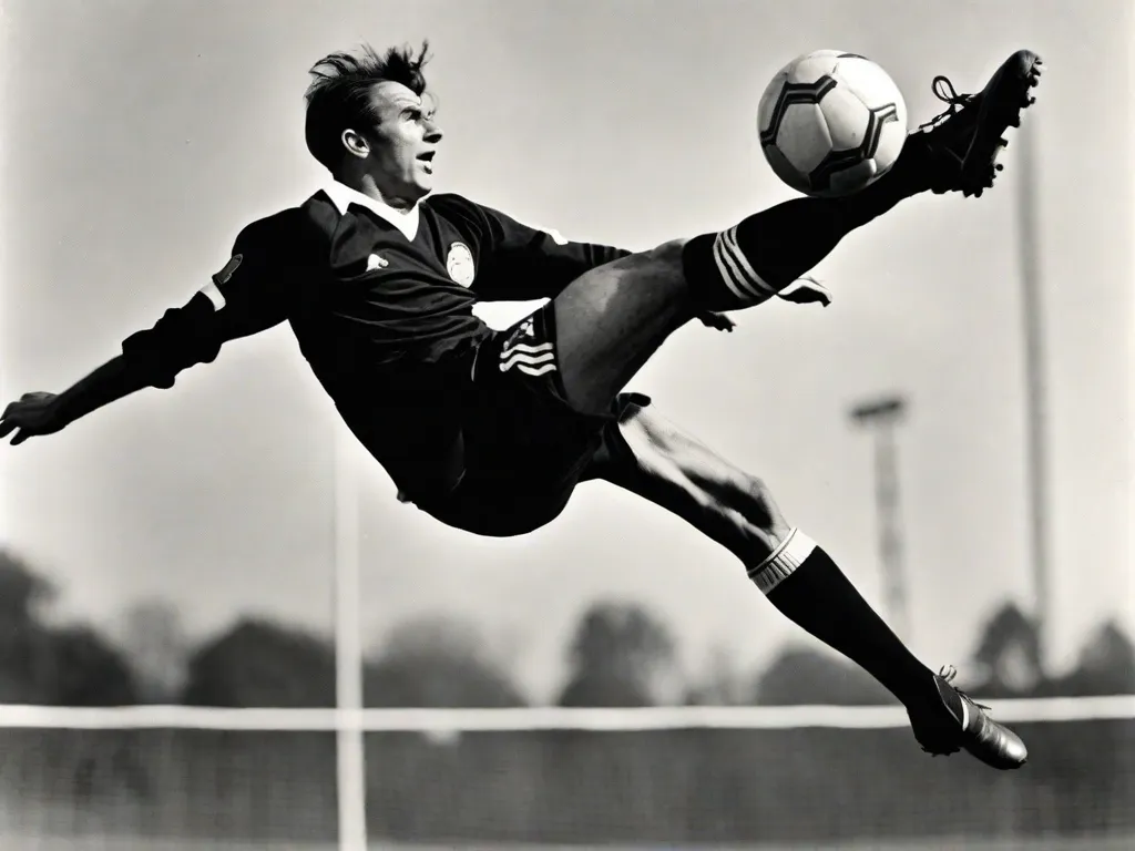 Na imagem, uma fotografia vintage em preto e branco captura um jogador de futebol no ar, executando um espetacular chute de bicicleta. O corpo do jogador está contorcido em uma pose acrobática, com as pernas estendidas em direção à bola suspensa no ar. A intensidade e habilidade evidentes na expressão do jogador representam a origem e a arte do icônico chute de bicicleta na história