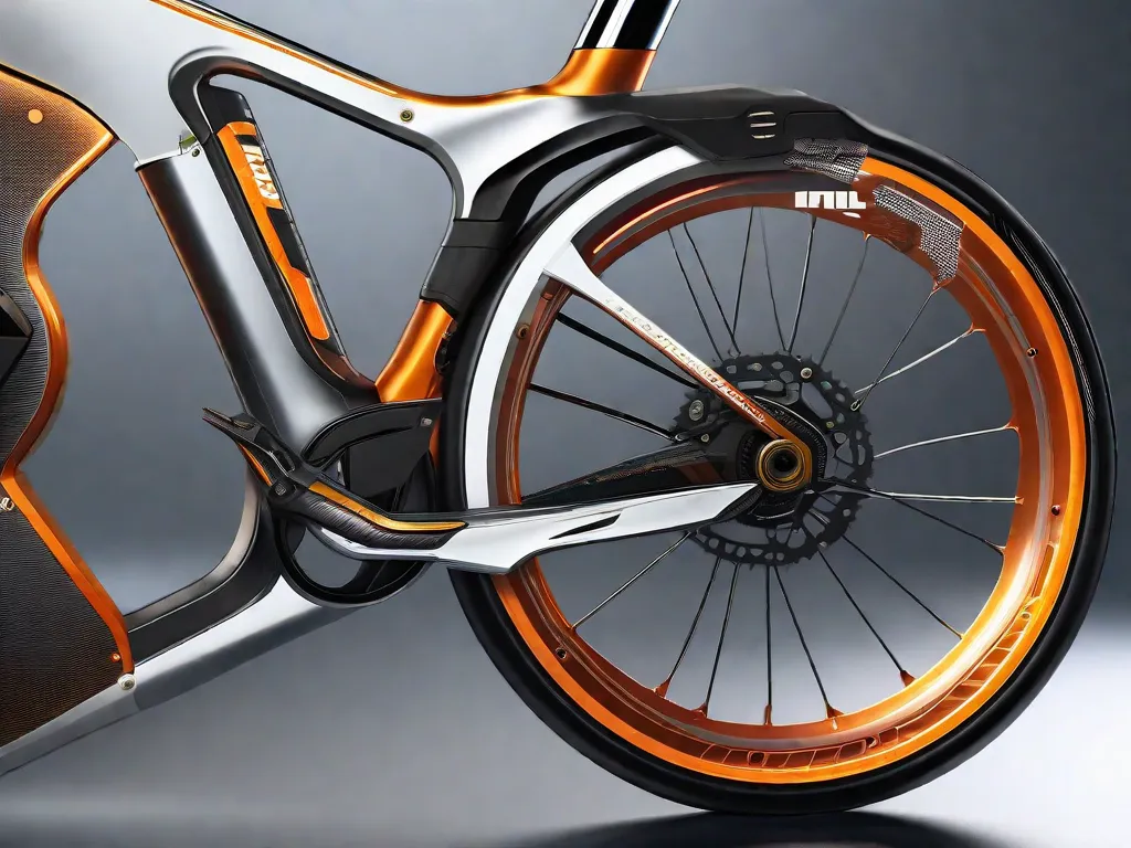 Uma imagem em close de uma bicicleta elegante e futurista, com elementos de design de ponta, mostrando suas características inovadoras. A imagem captura a essência da modernidade e destaca a habilidade artesanal que foi empregada na criação desse revolucionário meio de transporte.