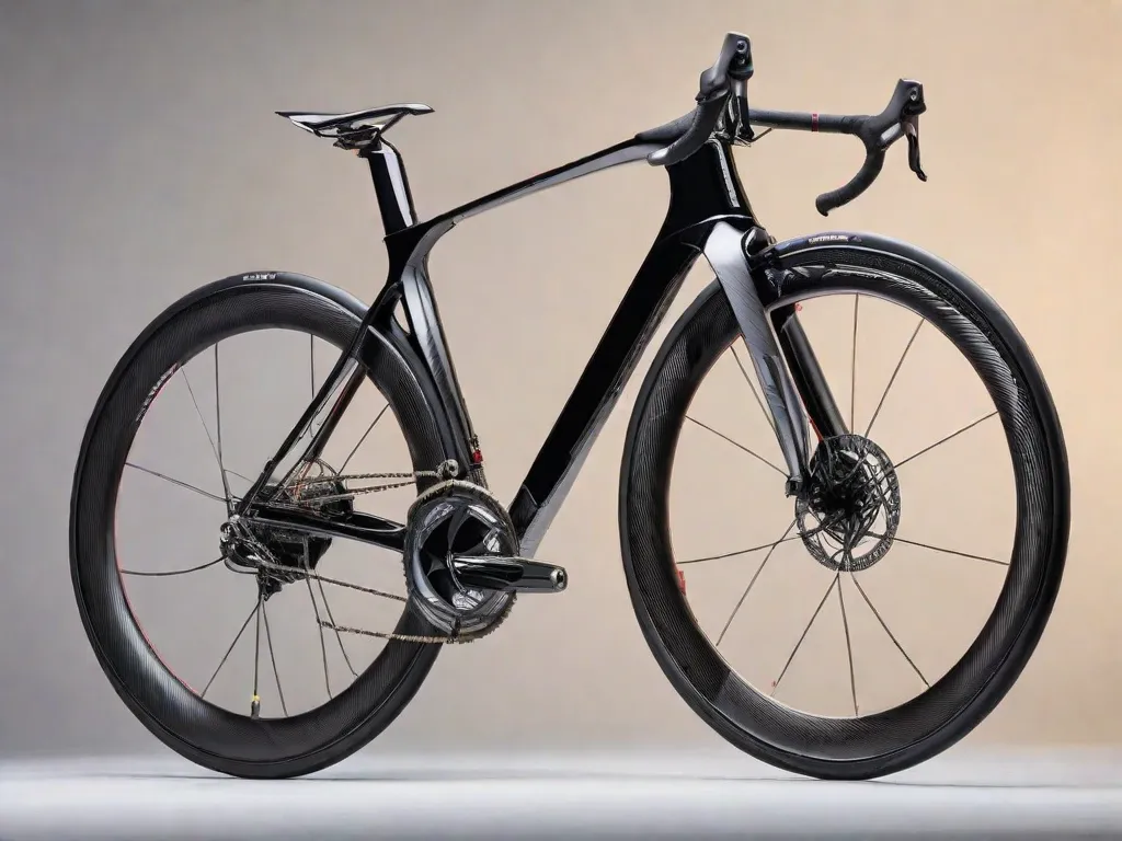 Na imagem, uma bicicleta elegante e futurista ocupa o centro do palco. Sua estrutura é feita de fibra de carbono leve, com detalhes metálicos vibrantes que chamam a atenção. A bicicleta possui componentes de última geração, como freios a disco de alto desempenho e um sistema de marchas eletrônico de ponta. Essa luxuosa bicicleta de duas rodas