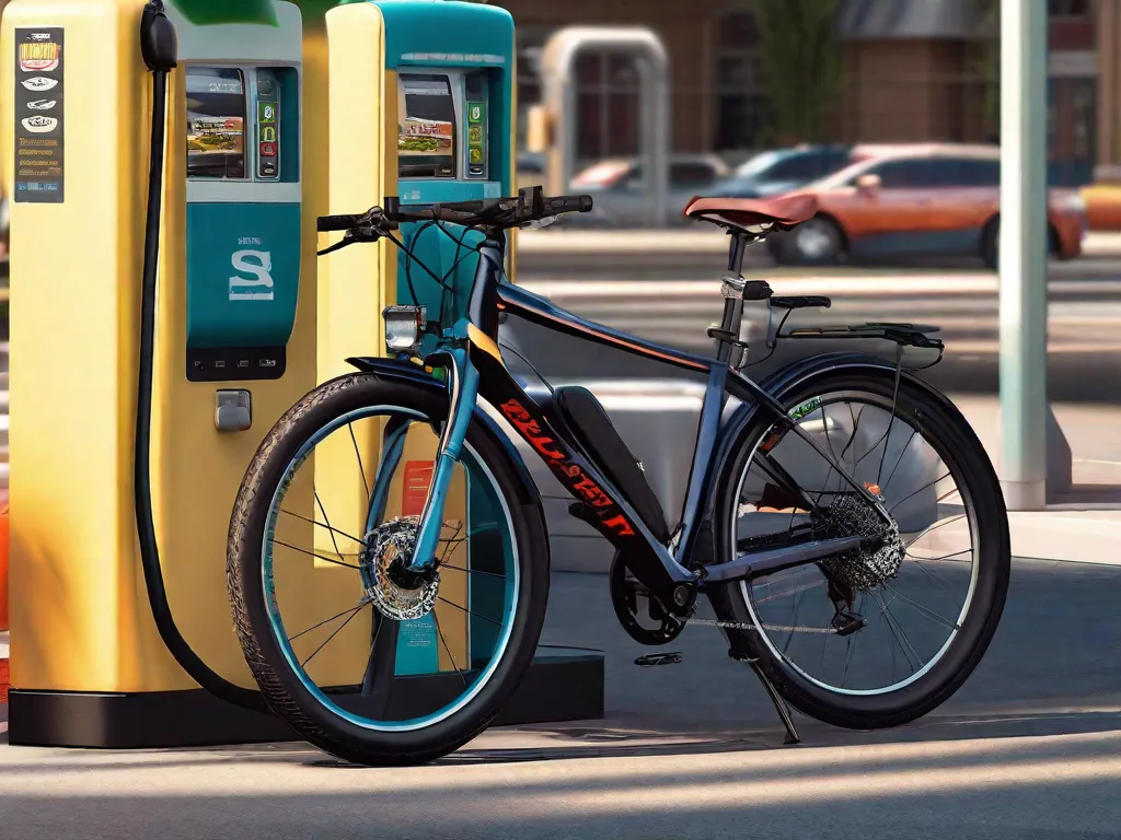 Descrição da imagem: Um close-up de uma bicicleta estacionada ao lado de um posto de gasolina. A bicicleta está cercada por carros esperando na fila para abastecer. A imagem destaca os benefícios e economias a longo prazo de usar uma bicicleta como meio de transporte, em vez de depender de carros e das despesas associadas a eles.