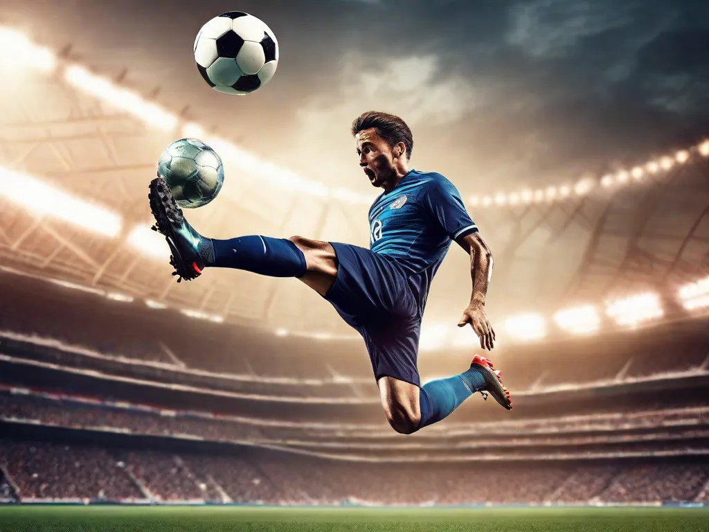 Uma imagem de um jogador de futebol profissional suspenso no ar, com as pernas estendidas, enquanto executa um perfeito chute de bicicleta. A intensa concentração e determinação do jogador são evidentes, capturando a essência do icônico gol de bicicleta. A imagem exibe a habilidade e a destreza atlética necessárias para dominar essa técnica impressionante.