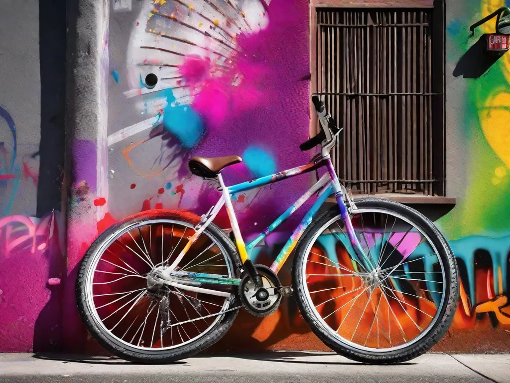 Uma imagem vibrante de uma bicicleta encostada em uma parede coberta de grafite, com respingos de tinta no chão formando um rastro. As rodas da bicicleta são artisticamente transformadas em paletas de pintura coloridas e giratórias, simbolizando a explosão de criatividade que o ciclismo pode inspirar.