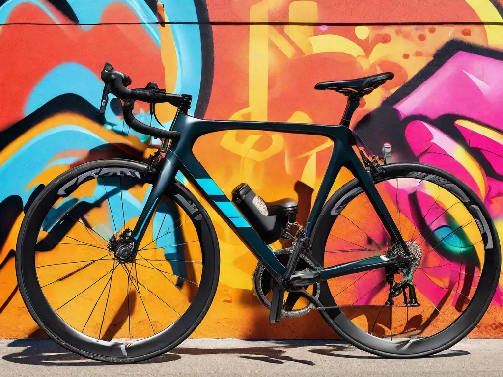 Uma elegante bicicleta de estrada está encostada em uma parede vibrante de grafite. O quadro brilha sob a luz do sol, com uma garrafa de água em seu suporte e um capacete repousando no guidão. Por perto, um par de sapatilhas de ciclismo e luvas estão sobre um banco de parque.