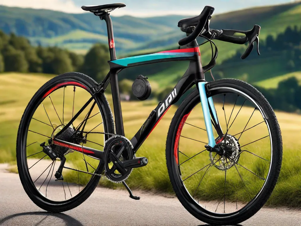 Uma imagem de uma bicicleta híbrida elegante e moderna, apresentando uma combinação de elementos de bicicletas de estrada e mountain bikes. A bicicleta está estacionada contra um cenário de uma paisagem pitoresca, mostrando a versatilidade e adaptabilidade das bicicletas híbridas tanto para o deslocamento urbano quanto para aventuras fora de estrada.