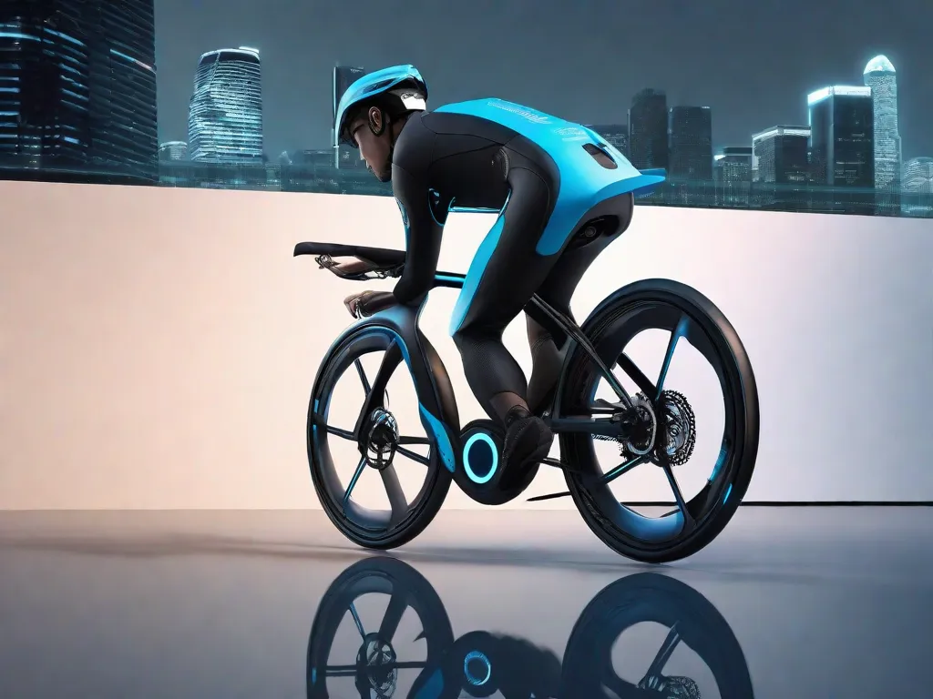 Uma bicicleta híbrida elegante com um quadro aerodinâmico, motor elétrico integrado e um display digital no guidão. A bicicleta tem um acabamento preto fosco com detalhes em azul e está posicionada contra um pano de fundo de uma cidade futurista, destacando sua tecnologia avançada e potencial para deslocamentos urbanos.