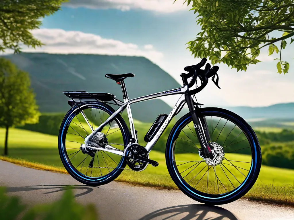 Uma imagem de uma bicicleta híbrida elegante e moderna, apresentando uma combinação de elementos de bicicletas de estrada e mountain bikes. A bicicleta está estacionada contra um cenário de uma paisagem pitoresca, mostrando a versatilidade e adaptabilidade das bicicletas híbridas tanto para o deslocamento urbano quanto para aventuras fora de estrada.