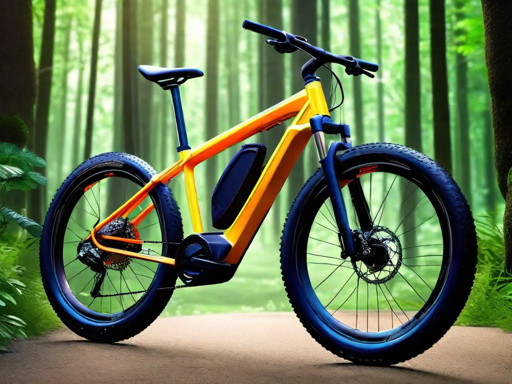 Uma imagem vibrante mostrando uma bicicleta híbrida elegante e moderna. A bicicleta está posicionada em frente a um cenário de uma floresta verde exuberante, simbolizando a combinação perfeita entre natureza e tecnologia. Sua funcionalidade dupla é destacada à medida que ela transita sem esforço das ruas da cidade para trilhas off-road acidentadas.