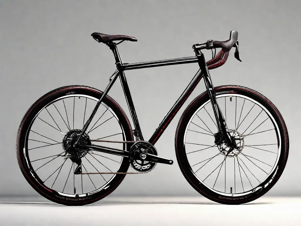 Uma bicicleta híbrida elegante está encostada em uma parede branca. Seu quadro combina elementos de bicicleta de estrada e de montanha, com um guidão plano e pneus finos. São visíveis os freios a disco, o garfo de suspensão dianteira e um diagrama em sobreposição que mostra o sistema de marchas interno.