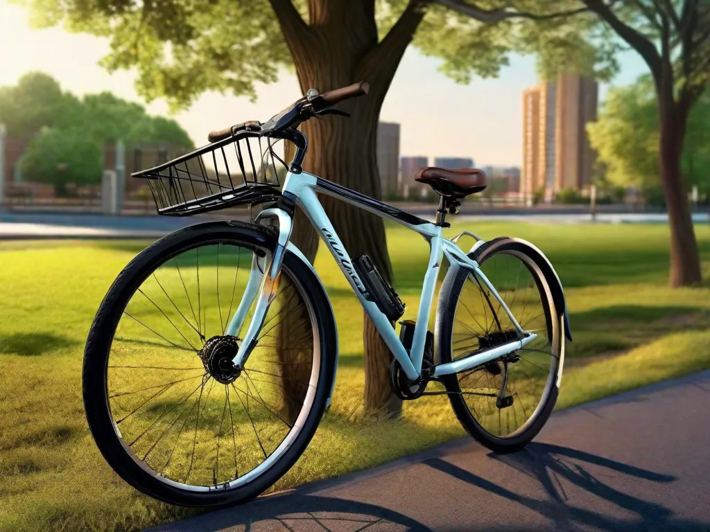 Uma bicicleta híbrida elegante está encostada em um banco de parque vibrante na cidade. Ela possui um quadro preto fosco com sutis detalhes azuis, um selim confortável e pneus versáteis adequados tanto para pavimento quanto para trilhas leves. O guidão tem manoplas ergonômicas, e um pequeno bagageiro está montado na parte de trás.