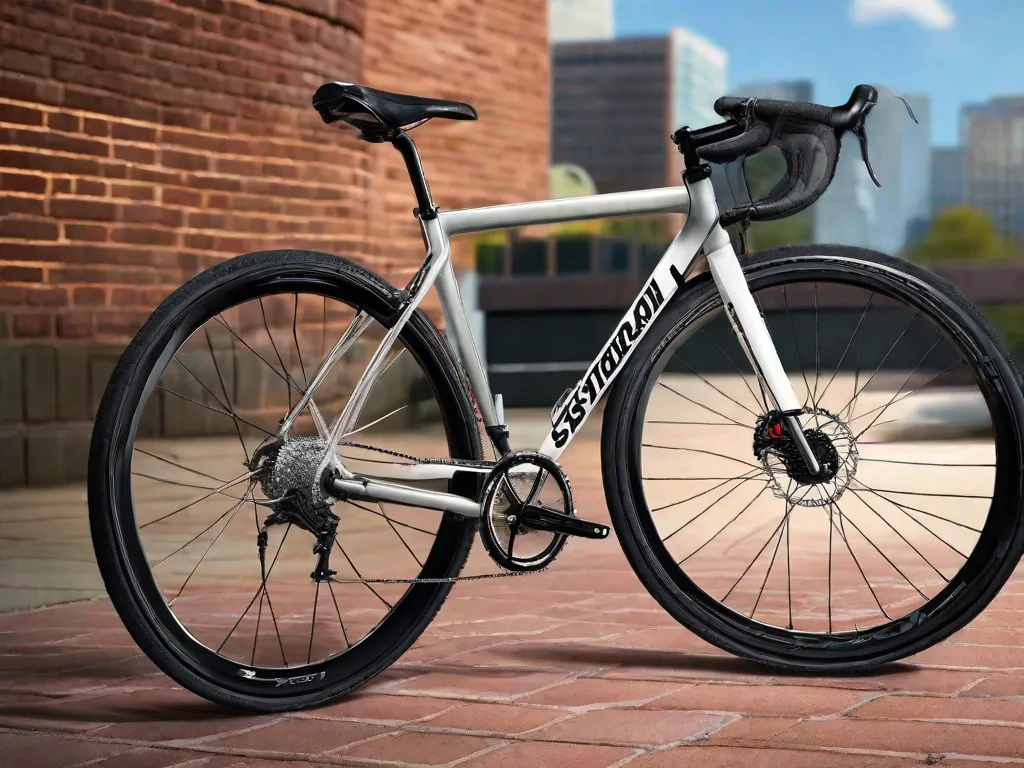 Uma elegante bicicleta híbrida está encostada em uma parede de tijolos urbanos iluminada pelo sol, seu quadro é uma fusão de designs de bicicletas de estrada e de montanha. Seus pneus, um pouco mais grossos do que os de uma bicicleta de estrada, estão prontos para terrenos variados, enquanto o guidão promete uma pegada confortável para