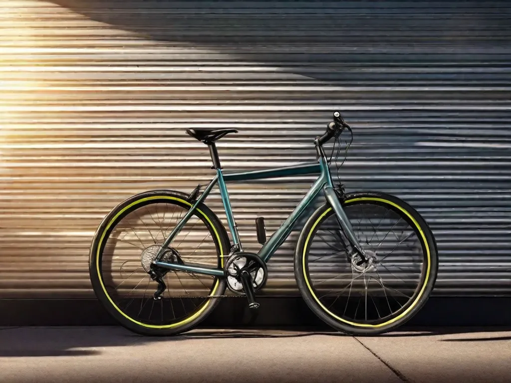 Uma bicicleta híbrida elegante está encostada em uma parede urbana iluminada pelo sol; seu quadro combina a eficiência esguia de uma bicicleta de estrada com as rodas robustas de uma bicicleta de montanha, apresentando um selim confortável e guidão reto, pronta tanto para o deslocamento diário pela cidade quanto para passeios tranquilos pelo parque.