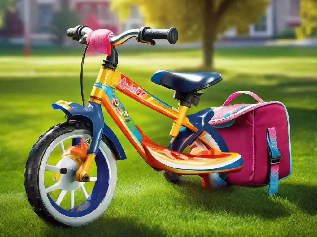 Descrição: Um dia ensolarado em um parque, com uma bicicleta estacionada na grama. A imagem mostra um close-up do assento de uma bicicleta infantil, com um assento de segurança infantil resistente e colorido acoplado a ele. O assento está equipado com tiras ajustáveis e um almofada confortável, pronto para um passeio seguro.