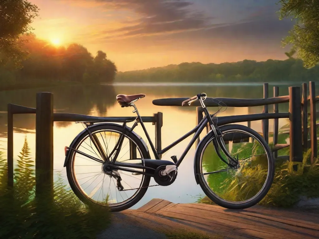 Uma imagem serena de uma bicicleta solitária encostada em uma cerca de madeira, com vista para um lago tranquilo cercado por vegetação exuberante, com o suave brilho de um nascer do sol refletindo na superfície da água, encapsulando a paz e a clareza mental que o ciclismo pode trazer.