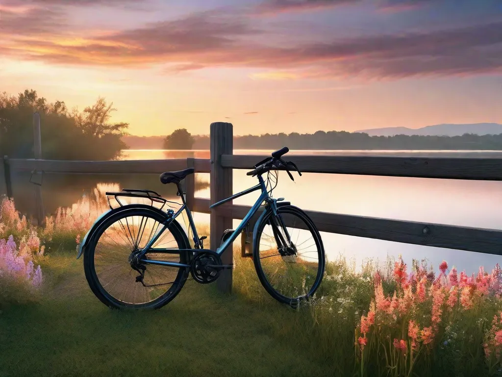 Uma imagem serena de uma bicicleta encostada em uma cerca de madeira cercada por flores silvestres, com o pano de fundo de um lago calmo refletindo as suaves cores pastéis de um nascer do sol. O ambiente tranquilo evoca uma sensação de paz e felicidade associada ao ciclismo na natureza.