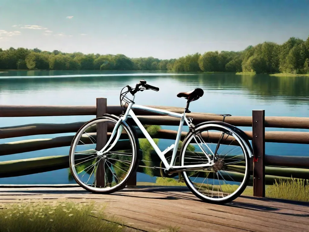 Uma imagem serena de uma bicicleta solitária encostada em uma cerca de madeira, com um lago calmo e cintilante ao fundo, cercado por uma vegetação exuberante e um céu azul límpido acima, evocando uma sensação de paz e tranquilidade.