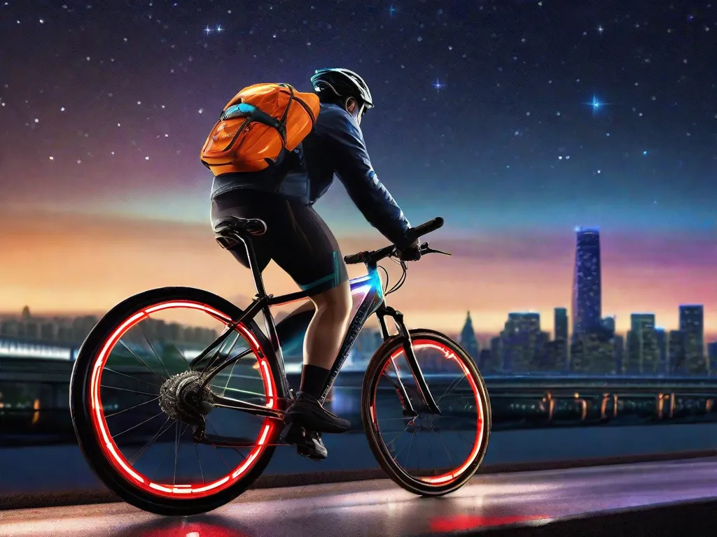 Uma bicicleta solitária equipada com luzes LED brilhantes está estacionada contra um cenário urbano sob um céu estrelado. Faixas reflexivas no quadro e nas rodas da bicicleta capturam a luz ambiente, enquanto um capacete robusto com luz de segurança traseira repousa no guidão, sinalizando a preparação para um passeio noturno seguro.