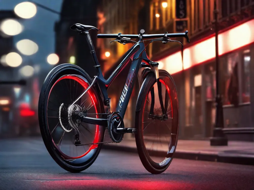Uma bicicleta equipada com um farol de LED brilhante e uma luz traseira vermelha montada no quadro, iluminando uma estrada escura à frente, com faixas refletoras nas rodas e pedais para visibilidade.