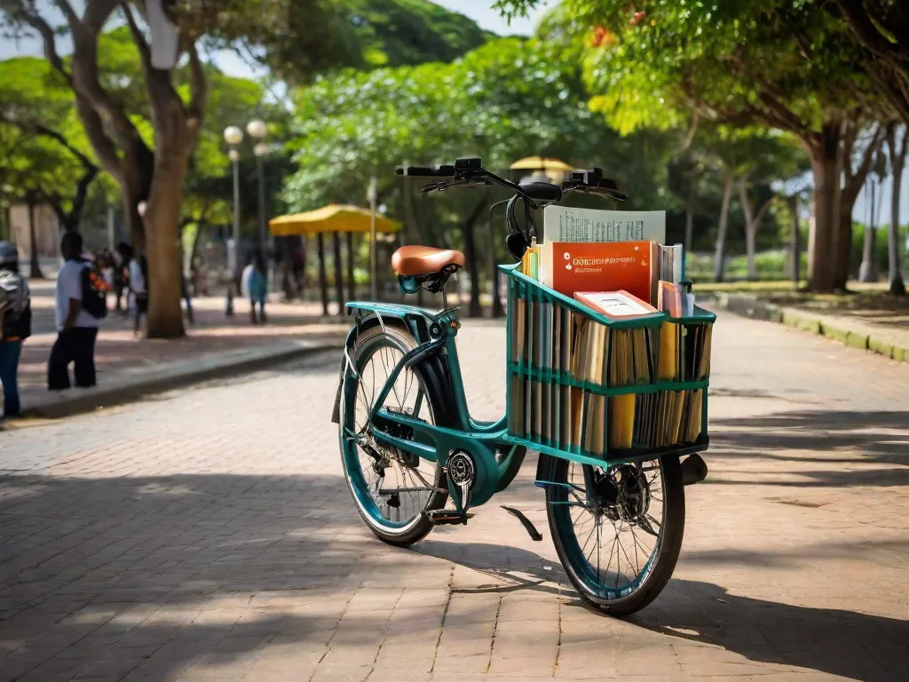 A imagem mostra uma bicicleta com uma cesta dianteira cheia de livros, representando a importância de ensinar as crianças sobre o mundo através da leitura. A bicicleta está estacionada em um parque ensolarado, transmitindo a ideia de aventura e aprendizado ao ar livre.