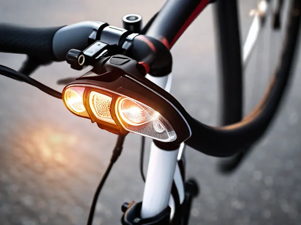 Uma imagem em close-up de um guidão de bicicleta com um conjunto claro e visível de luzes e refletores acoplados. As luzes emitem um brilho branco e intenso, enquanto os refletores brilham intensamente quando atingidos por uma fonte de luz. Essa imagem enfatiza a importância de sinalização adequada e iluminação para ciclismo seguro à noite ou em