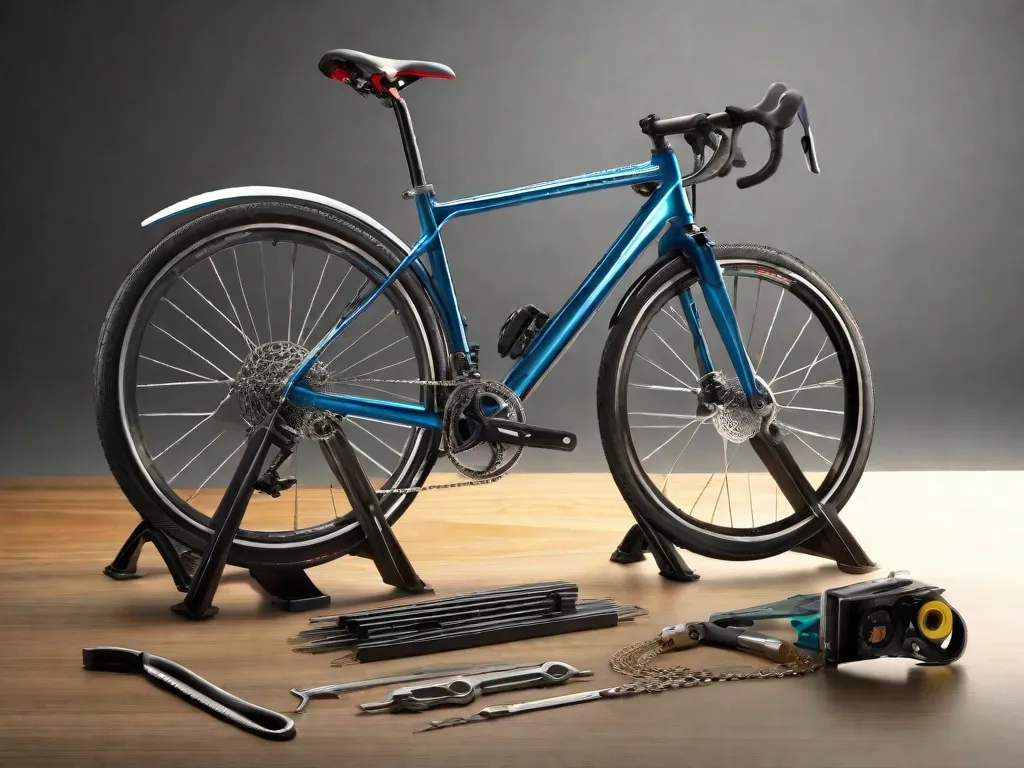 Uma imagem bem iluminada de uma bicicleta híbrida montada em um suporte, com a roda traseira removida. Ferramentas estão organizadas de maneira ordenada em uma bancada ao lado, incluindo um chicote de corrente, chaves inglesas e chaves de fenda. O foco está no cassete de marchas aberto e na corrente limpa e brilhante.