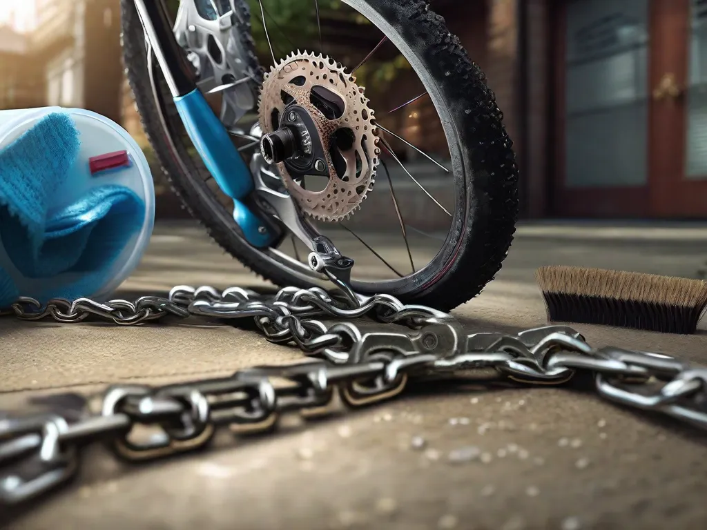 Uma imagem de uma bicicleta virada de cabeça para baixo, com suas rodas fora do chão, enquanto uma pessoa usando luvas aplica meticulosamente desengraxante na corrente com uma pequena escova, com uma garrafa de limpador de corrente e um pano no chão ao lado dela.
