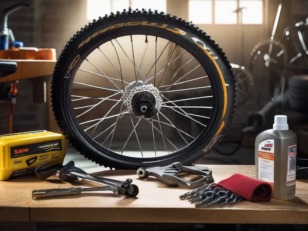 Uma imagem bem iluminada de uma bicicleta de cabeça para baixo, com suas rodas removidas, ao lado de um conjunto de ferramentas de manutenção, spray lubrificante e um pano limpo em uma bancada. O foco está na corrente aberta e nas engrenagens, que brilham de limpeza contra o pano de fundo de uma parede de garagem.