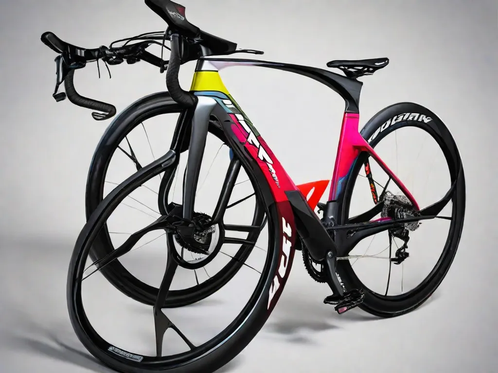 Descrição: Uma imagem em close-up de uma bicicleta elegante e moderna, com uma paleta de cores vibrante e um design aerodinâmico. A bicicleta está equipada com componentes de alto desempenho, incluindo um quadro leve, suspensão avançada e freios a disco. Ela representa a escolha perfeita para qualquer ciclista que queira combinar seu estilo de pedalada com uma bic