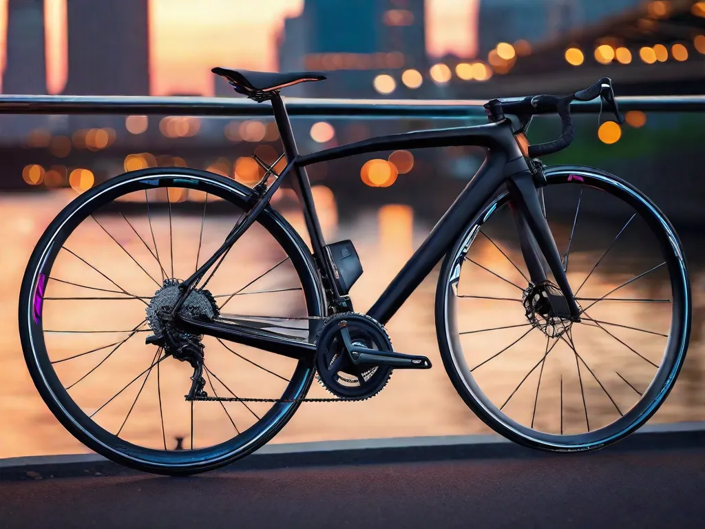 Uma imagem em close-up de uma bicicleta elegante e moderna estacionada em frente a um cenário vibrante da cidade. A bicicleta possui componentes de alta qualidade, um selim confortável e acessórios estilosos, atraindo compradores com sua funcionalidade e apelo estético.
