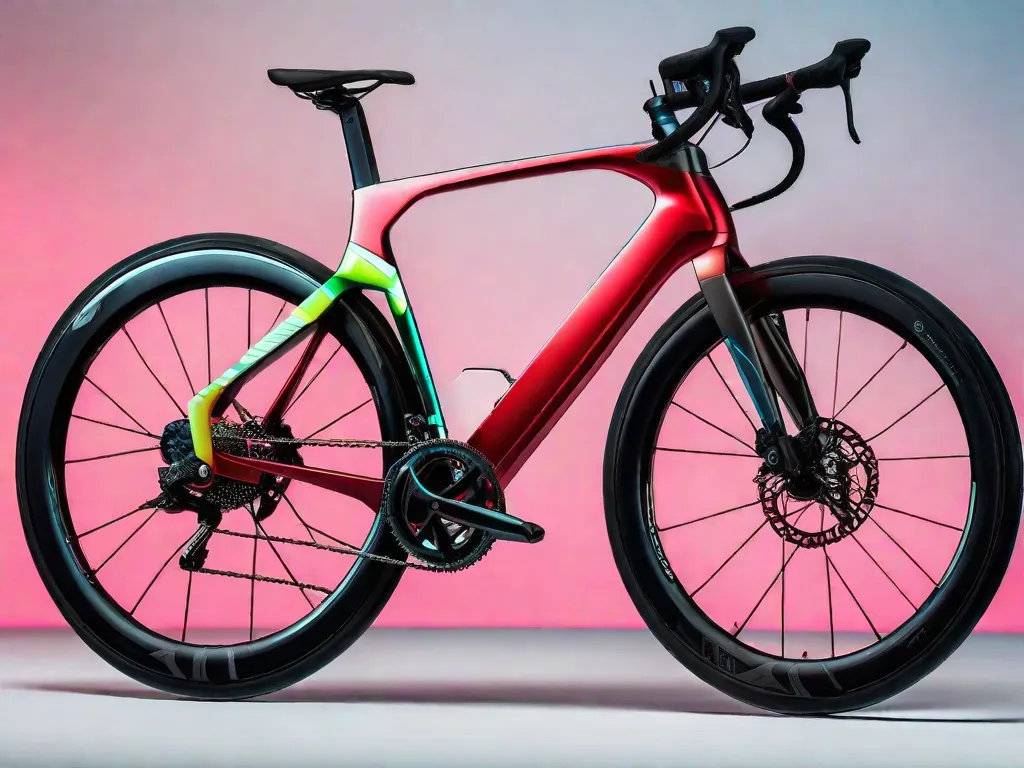 Uma imagem em close-up de uma bicicleta elegante e moderna com um sistema de troca de marchas eletrônico. A bicicleta é exibida em um fundo vibrante, destacando seu design futurista e tecnologia avançada. O display eletrônico no guidão mostra a marcha atual selecionada, adicionando ao visual de alta tecnologia geral.