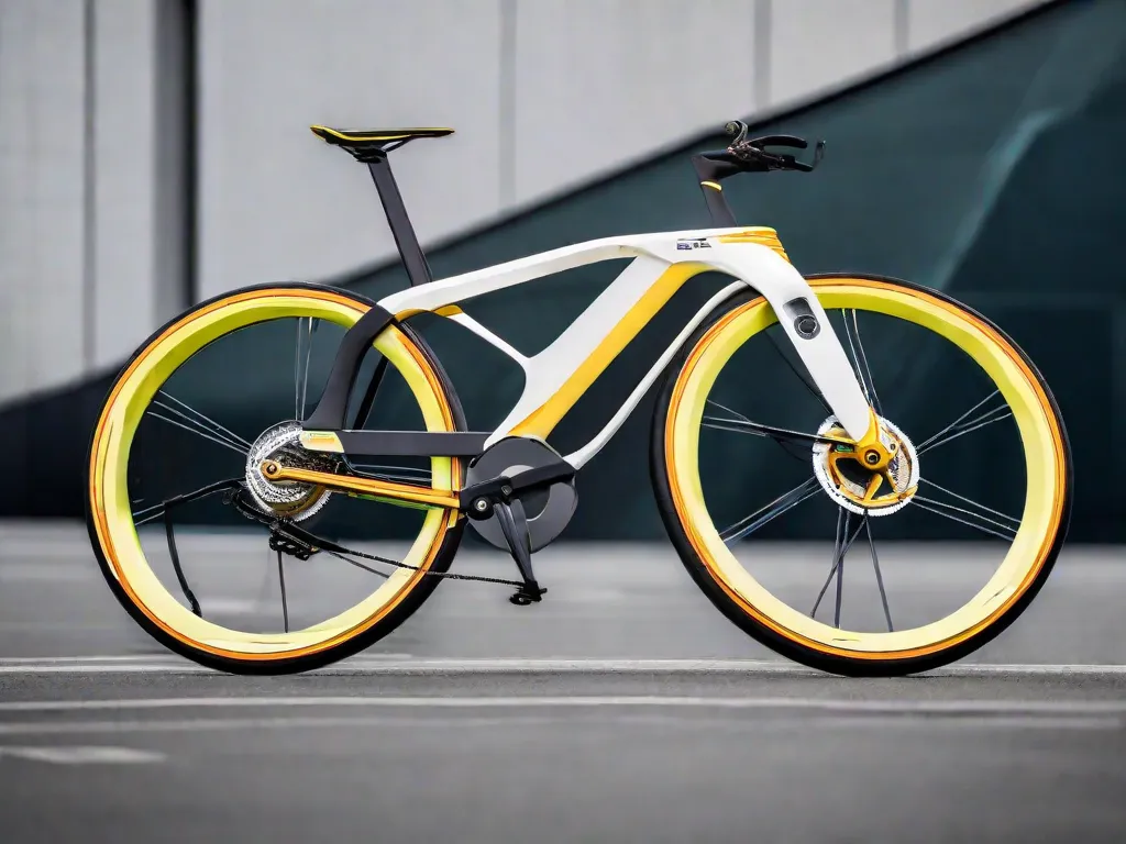 A imagem mostra uma bicicleta moderna, com um design aerodinâmico e tecnologia avançada. Ela representa a invenção revolucionária da bicicleta, que trouxe mobilidade, sustentabilidade e liberdade para milhões de pessoas ao redor do mundo. A bicicleta está em movimento, simbolizando a energia renovável e o estilo de vida saudável proporcionados por esse meio de transporte.