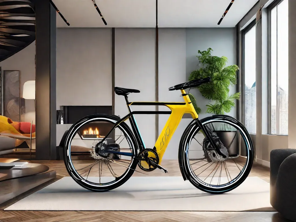 Descrição da imagem: Uma bicicleta elegante e moderna estacionada dentro de uma sala de estar contemporânea, mostrando a integração da inovação e funcionalidade em sua casa. O design minimalista e a cor vibrante da bicicleta adicionam um toque elegante ao espaço, destacando a perfeita combinação de estética e praticidade.