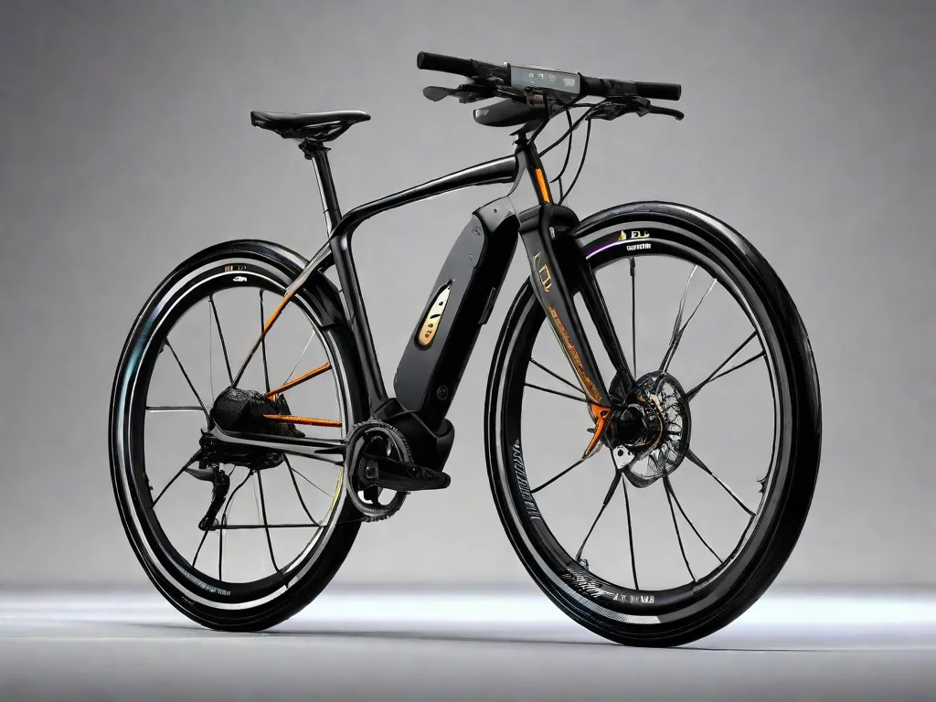 Uma bicicleta elegante e moderna equipada com uma variedade de recursos de alta tecnologia: um sistema de GPS embutido no guidão, luzes LED para visibilidade, um visor eletrônico de marchas e um pacote de bateria compacto e recarregável acoplado ao quadro.