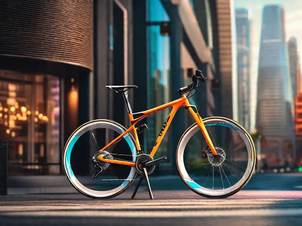 Uma imagem mostrando uma bicicleta elegante e moderna com um design de quadro único, apresentando linhas limpas e tecnologia inovadora. A bicicleta se destaca em meio a um cenário vibrante de uma cidade, enfatizando sua exclusividade e apelo de ponta.