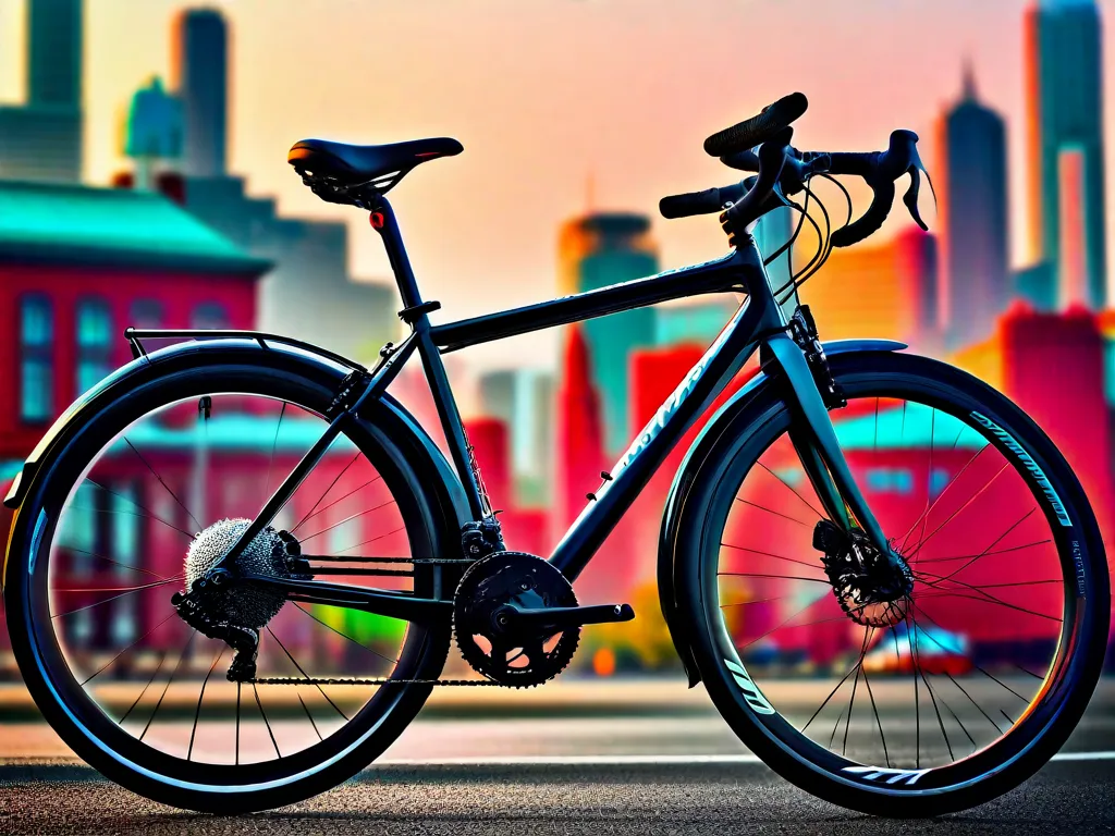 Uma imagem em close de uma bicicleta elegante e moderna, com várias marchas e um quadro resistente, estacionada contra uma paisagem vibrante da cidade. A bicicleta está equipada com acessórios como um suporte para garrafa de água e uma cesta dianteira, mostrando sua versatilidade para deslocamentos urbanos e passeios tranquilos.