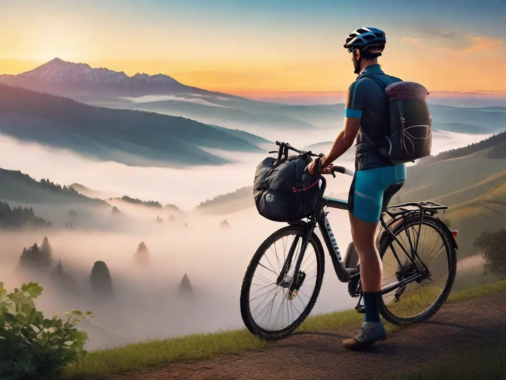 Uma bicicleta carregada com alforjes está parada em uma trilha montanhosa cênica, com vista para um vale de tirar o fôlego. A bicicleta está apoiada em um poste de sinalização de madeira que indica várias rotas de ciclismo, com a névoa da manhã subindo das colinas distantes, sugerindo o início de uma jornada aventureira pela nature