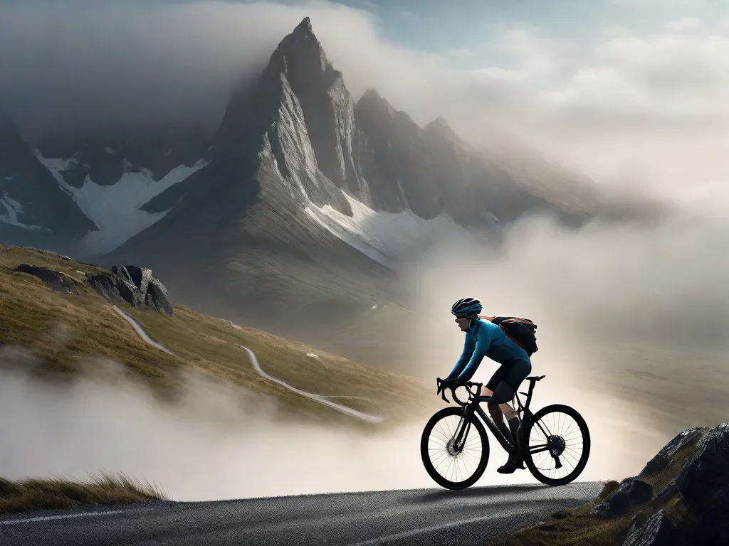 Um ciclista vestindo roupas aerodinâmicas avança por uma passagem de montanha nebulosa, com o sol rompendo as nuvens, projetando longas sombras. O orvalho brilha na folhagem ao redor, enfatizando o impacto das condições climáticas no passeio.