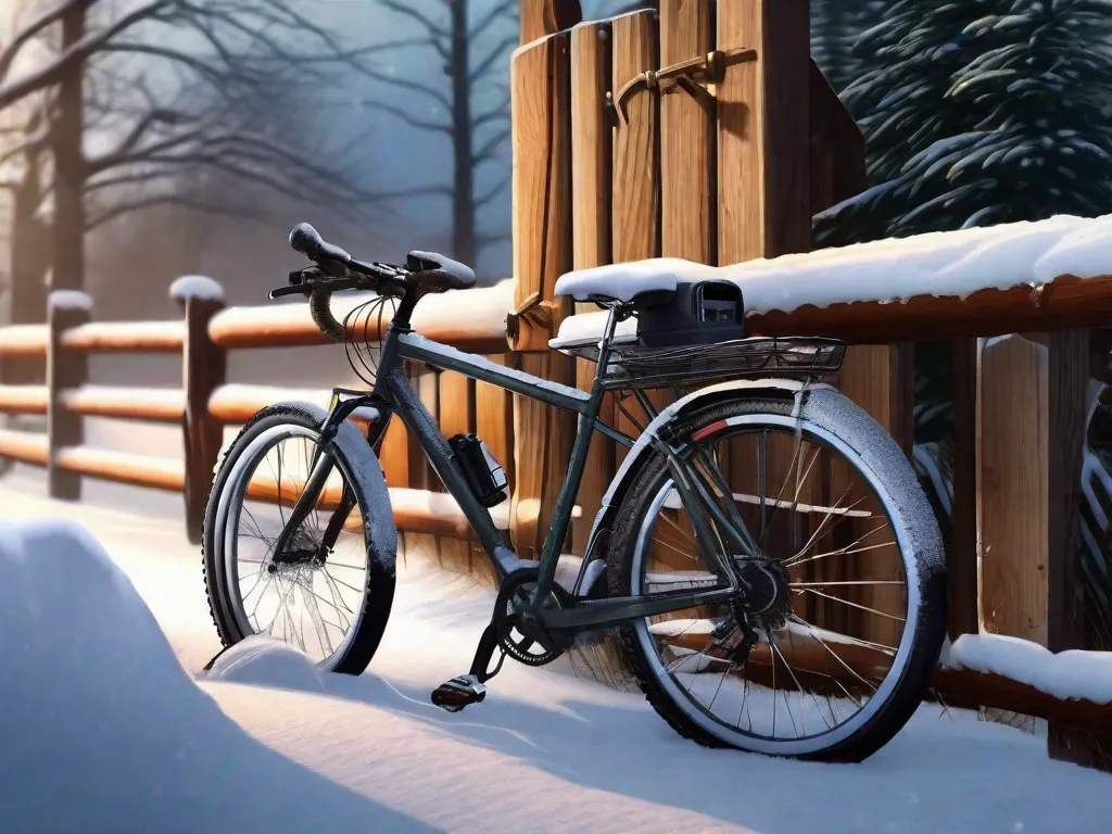 Uma bicicleta está encostada em uma cerca de madeira coberta de neve, seu quadro polvilhado com flocos de neve frescos. Pneus de inverno agarram-se ao solo, e a bicicleta está equipada com luzes dianteiras e traseiras brilhantes, com uma garrafa térmica visível no suporte.