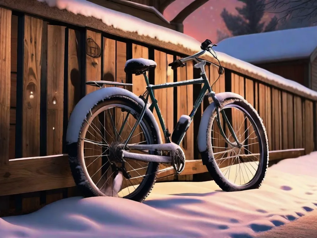 Uma bicicleta está encostada em uma cerca de madeira rústica, com flocos de neve caindo suavemente ao seu redor. Os pneus estão equipados com sulcos para o inverno, e o quadro é parcialmente coberto com uma película protetora transparente. Luzes LED brilhantes estão fixadas tanto na frente quanto atrás para visibilidade na luz fraca do inverno.