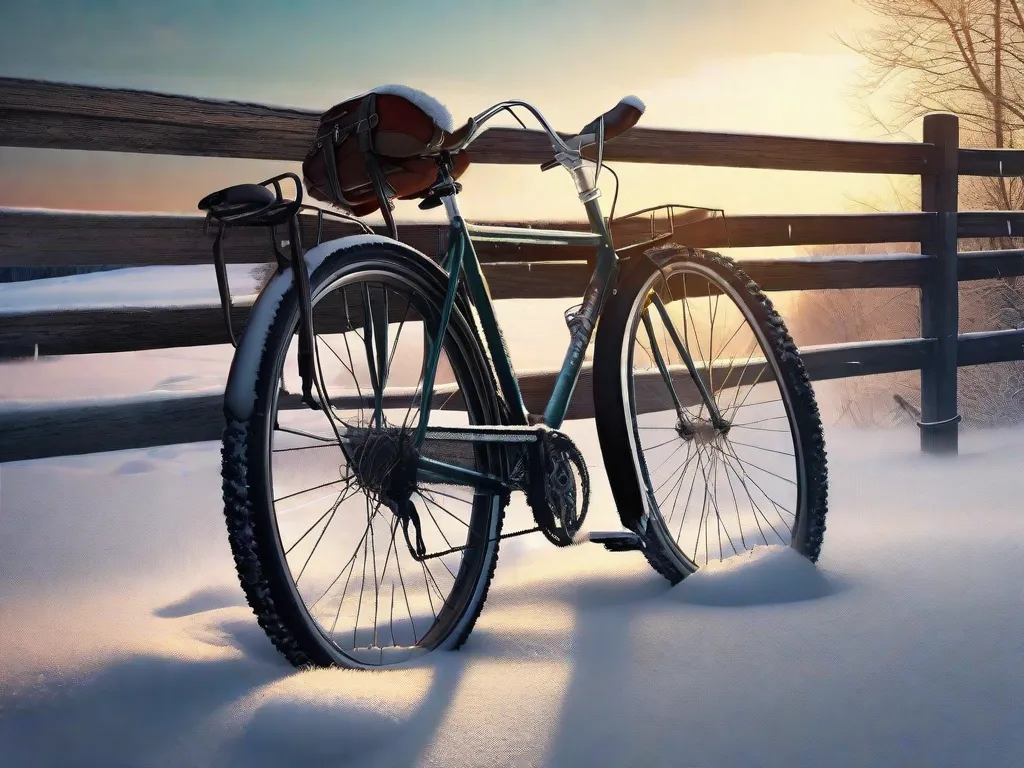 Uma bicicleta está encostada em uma velha cerca de madeira, cercada por uma paisagem nevada. A bicicleta está equipada com pneus de inverno com cravos e luzes dianteiras e traseiras brilhantes, com um pequeno gelo pendurado no selim.
